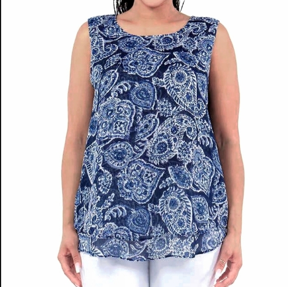 CHRISTINA B Malibu- Paisley Blue and White Tunic Layered Semi Sheer top- Large - Picture 1 of 12